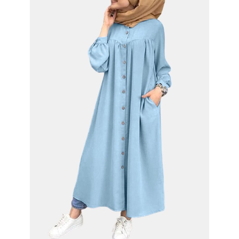 Casual Solid Color Crewneck Button Plus Size Dress with Pockets