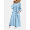 Casual Solid Color Crewneck Button Plus Size Dress with Pockets