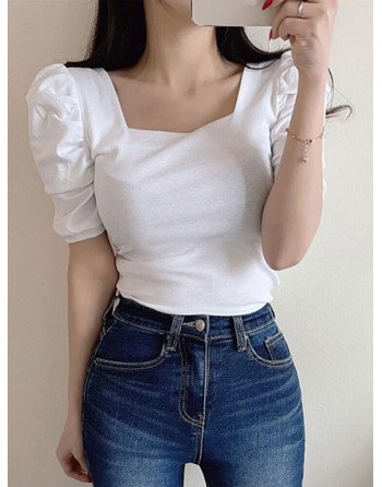 Solid Puff Sleeve Square Collar Blouse For Women