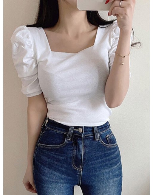 Solid Puff Sleeve Square Collar Blouse For Women