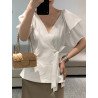 Solid Wrap V-neck Tie Side Short Sleeve Women Blouse