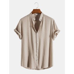 Mens Cotton Stand Collar Plain Basics Short Sleeve Shirts