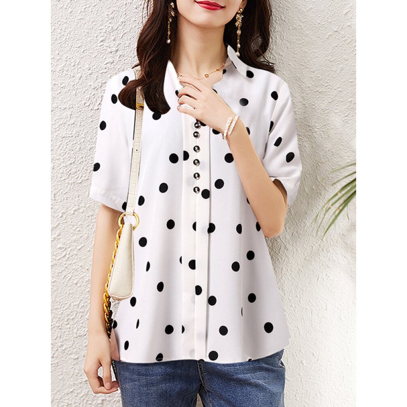 Dot Print Short Sleeve Lapel Blouse For Women