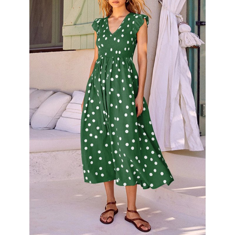 Dot Print Ruffle Sleeve V-neck Shirred Dress For Women