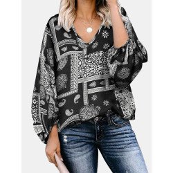 Bohemia Ethnic Print V-neck Loose Lantern Sleeve Blouse