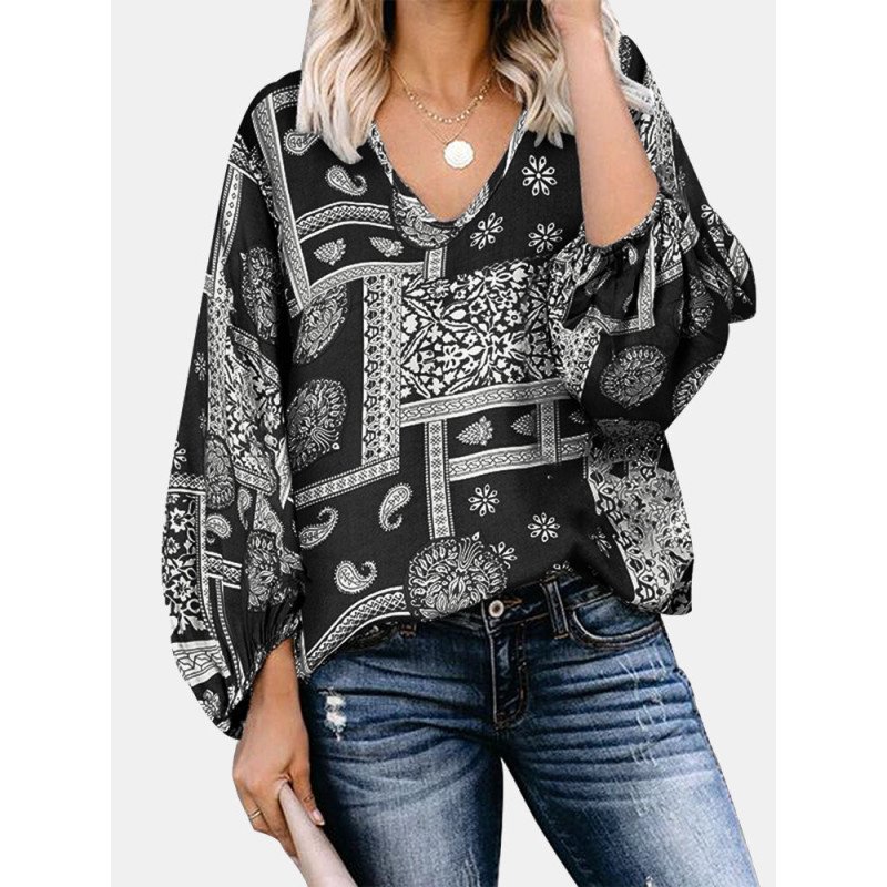 Bohemia Ethnic Print V-neck Loose Lantern Sleeve Blouse