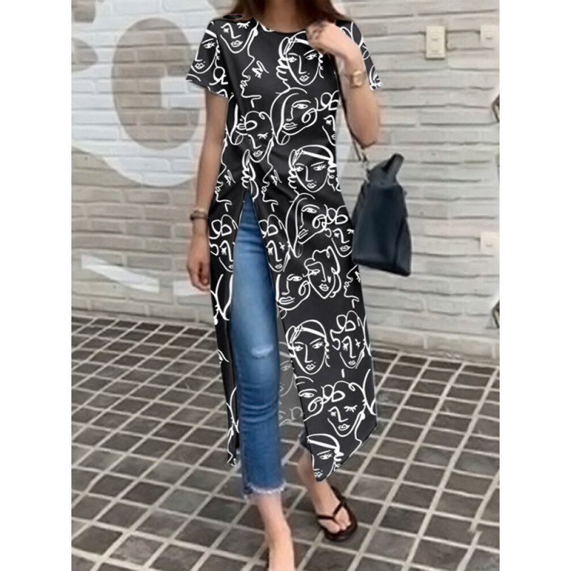 Figure Pattern Split Twist Round Neck Short Sleeve Casual T-Shirt