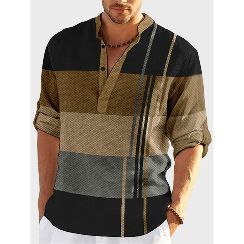 Mens Striped Color Block Casual 3/4 Sleeve Henley Shirts