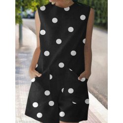 Dot Print Pocket Sleeveless Crew Neck Casual Romper