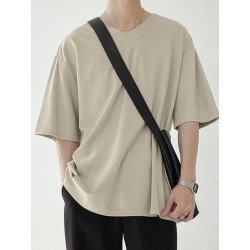 Mens V-neck Solid Color Short Sleeved T-shirt