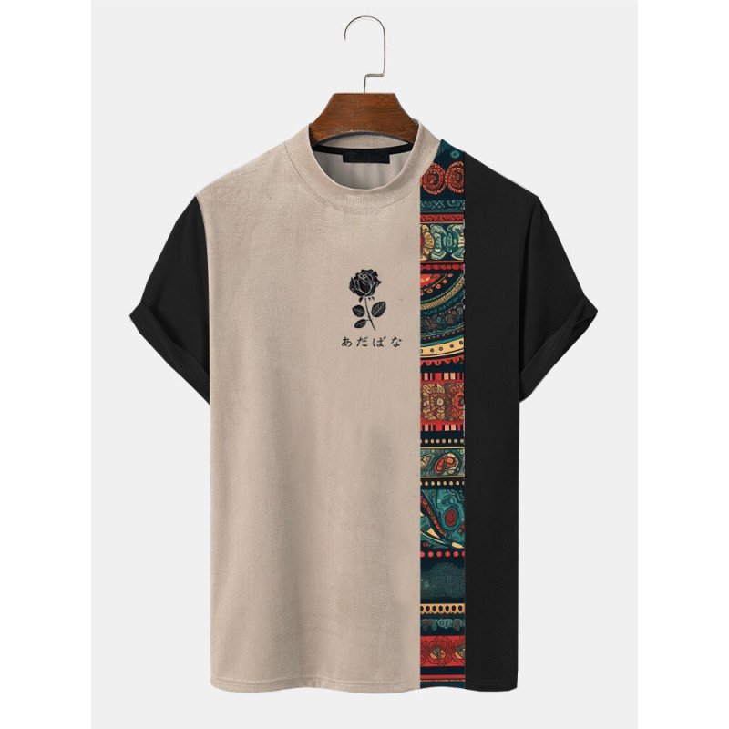 Mens Japanese Rose Ethnic Pattern Patchwork Short Sleeve T-Shirts