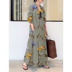 Plants Print Pocket Long Sleeve Button Maxi Shirt Dress