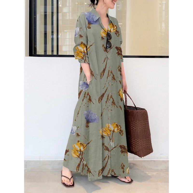 Plants Print Pocket Long Sleeve Button Maxi Shirt Dress