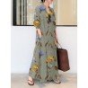 Plants Print Pocket Long Sleeve Button Maxi Shirt Dress
