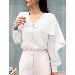 Ruffle Solid Long Sleeve V-neck Button Front Blouse