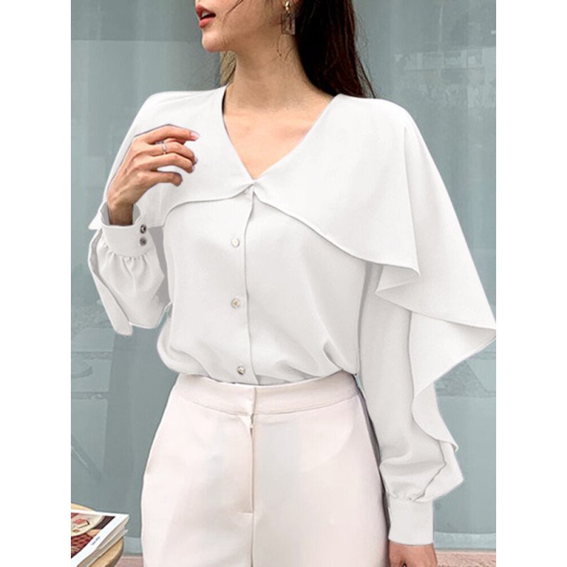 Ruffle Solid Long Sleeve V-neck Button Front Blouse