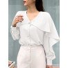 Ruffle Solid Long Sleeve V-neck Button Front Blouse