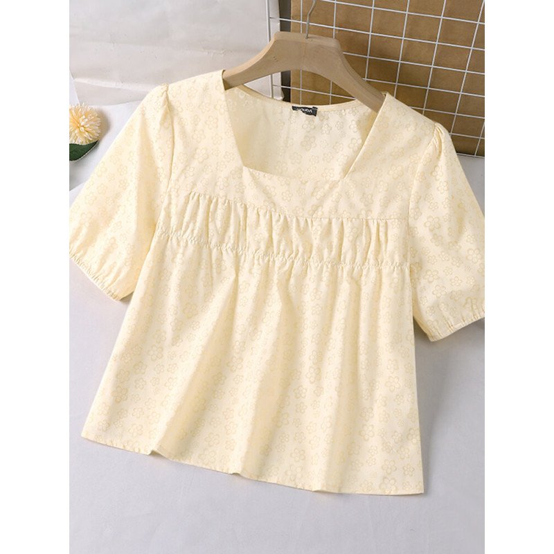 Women Allover Floral Print Square Collar Puff Sleeve Blouse