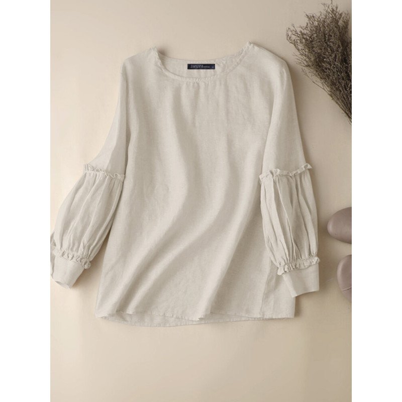 Solid Ruffle Trim Long Sleeve Crew Neck Blouse