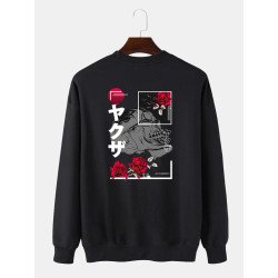 Mens Japanese Rose Skull Print Crew Neck Pullover Sweatshirts