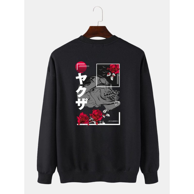 Mens Japanese Rose Skull Print Crew Neck Pullover Sweatshirts