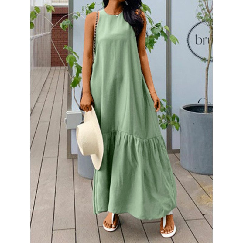 Women Solid Crew Neck Casual Sleeveless Maxi Dress