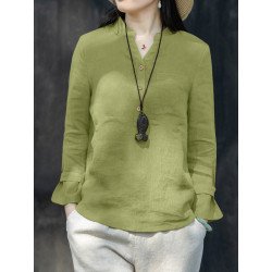 Solid Stand Collar Casual Long Sleeve Pocket Button Blouse