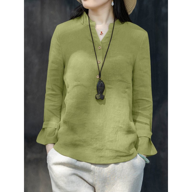 Solid Stand Collar Casual Long Sleeve Pocket Button Blouse