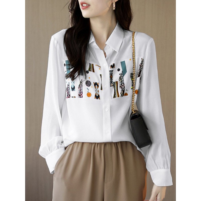 Women Print Long Sleeve Button Front Lapel Shirt