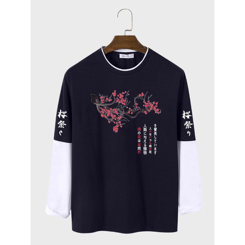 Mens Japanese Cherry Blossoms Print Patchwork Faux Two Pieces T-Shirts