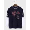 Mens Japanese Cherry Blossoms Print Patchwork Faux Two Pieces T-Shirts