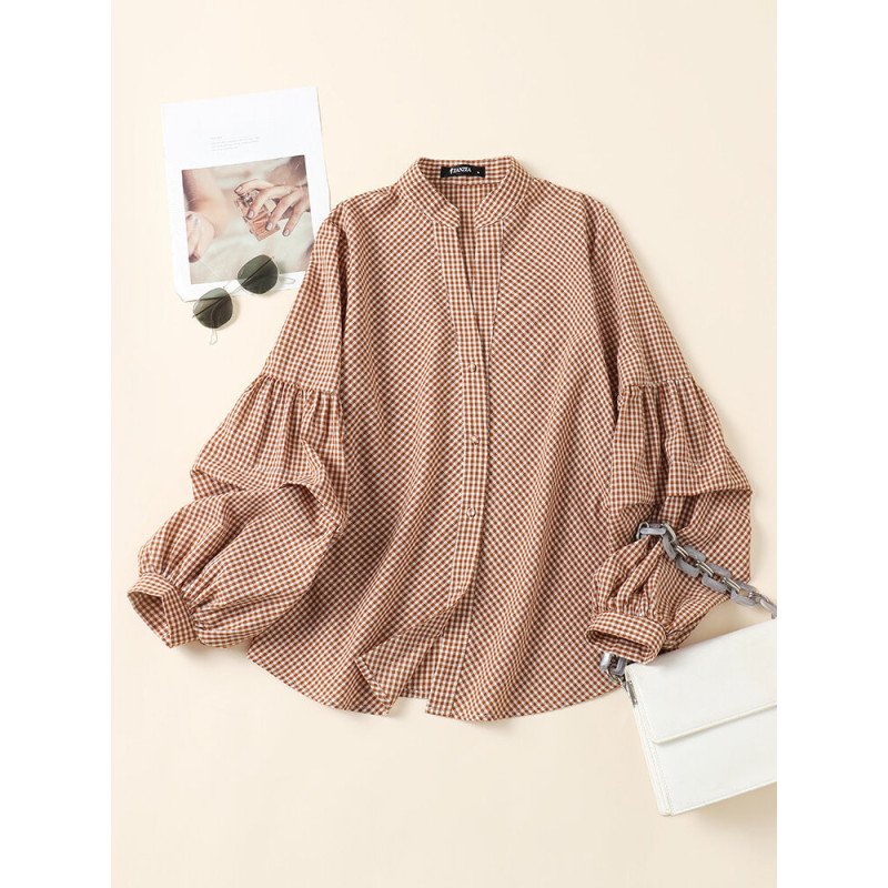 Check Pattern Lantern Sleeve Stand Collar Button Blouse