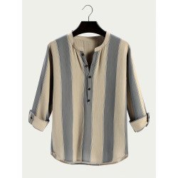 Mens Stripe Half Button Roll Tab Sleeve Casual Henley Shirts
