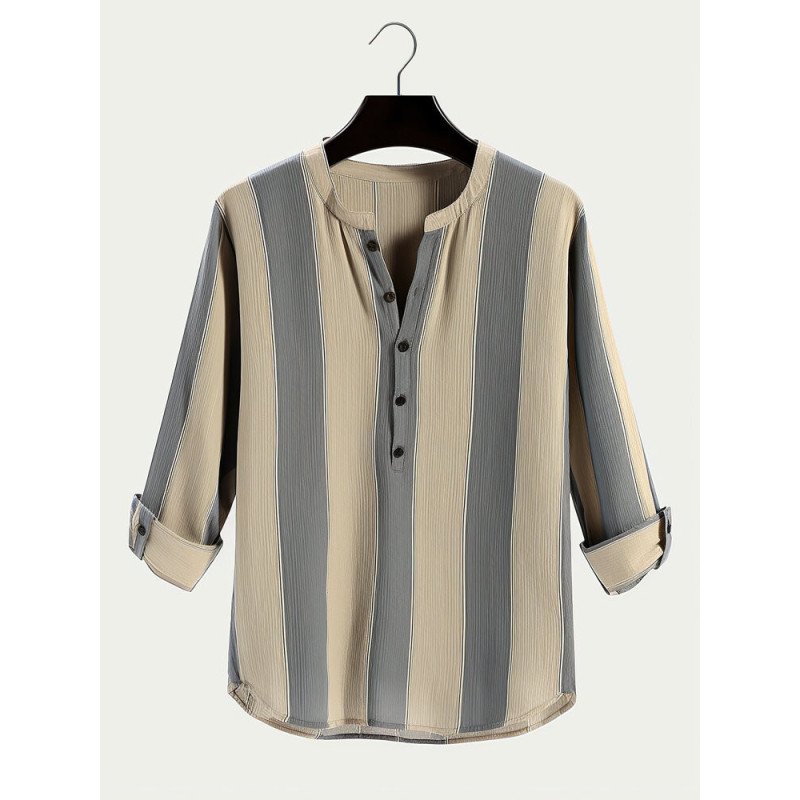 Mens Stripe Half Button Roll Tab Sleeve Casual Henley Shirts