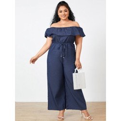 Casual Off Shoulder Short Sleeve Wide Leg Plus Size Jumpsuit with Pockets