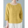 Women Solid Crew Neck Cotton Casual 3/4 Sleeve Blouse
