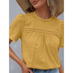 Women Lace Trim Hollow Detail Cotton Puff Sleeve Blouse