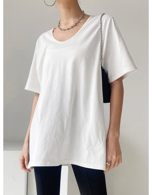 Solid Split Round Neck Short Sleeve Casual T-Shirt