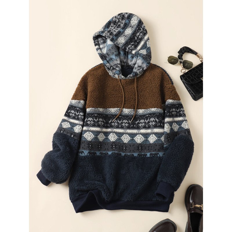 Contrast Tribal Pattern Drawstring Long Sleeve Plush Hoodie