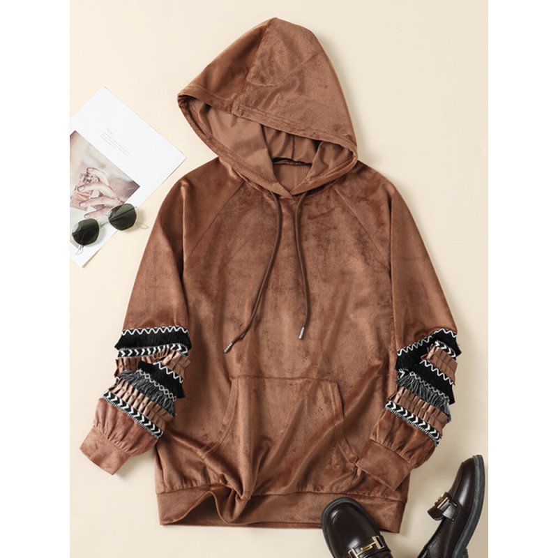 Women Patchwork Kangaroo Pocket Drawstring Long Sleeve Hoodie