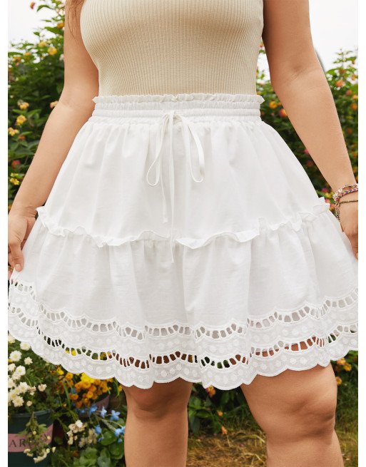Plus Size Drawstring Hollow Design Lettuce-Edge Skirt