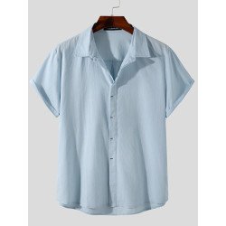 Plus Size Mens Cotton Solid Concealed Placket Plain Casual Short Sleeve Shirts