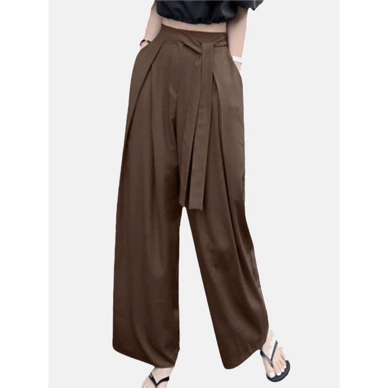 Solid Pocket Belt Wide Leg Pants For Women