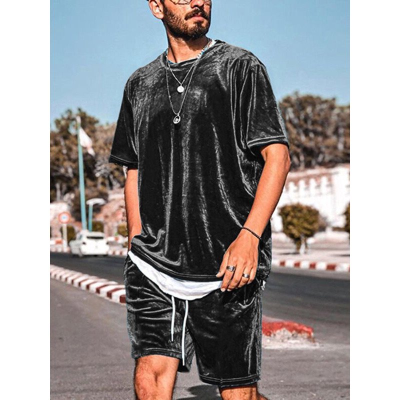 Mens Velvet Solid Crew Neck Casual Two Pieces Outfits