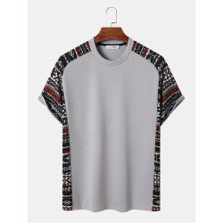 Mens Ethnic Geometric Pattern Patchwork Crew Neck Raglan Sleeve T-Shirts