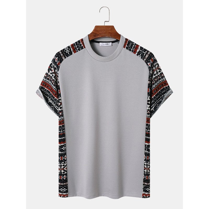 Mens Ethnic Geometric Pattern Patchwork Crew Neck Raglan Sleeve T-Shirts