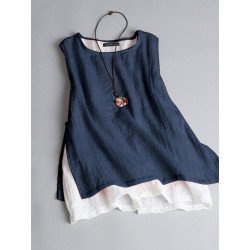 Women Contrast Patchwork Side Split Sleeveless Tank Top