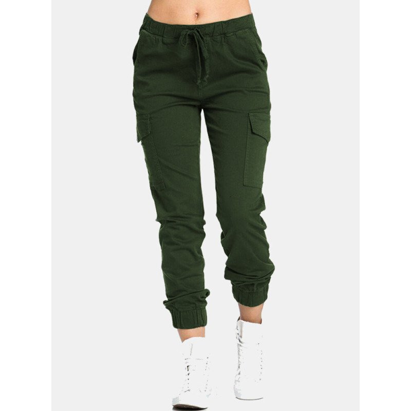 Elastic Drawstring Waist Solid Color Casual Pants For Women