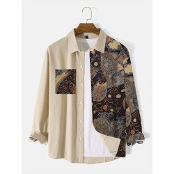 Mens Vintage Figure Pattern Patchwork Ethnic Long Sleeve Shirts
