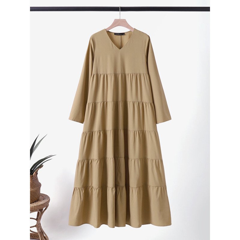 Solid V-neck Tiered Long Sleeve Casual Maxi Dress